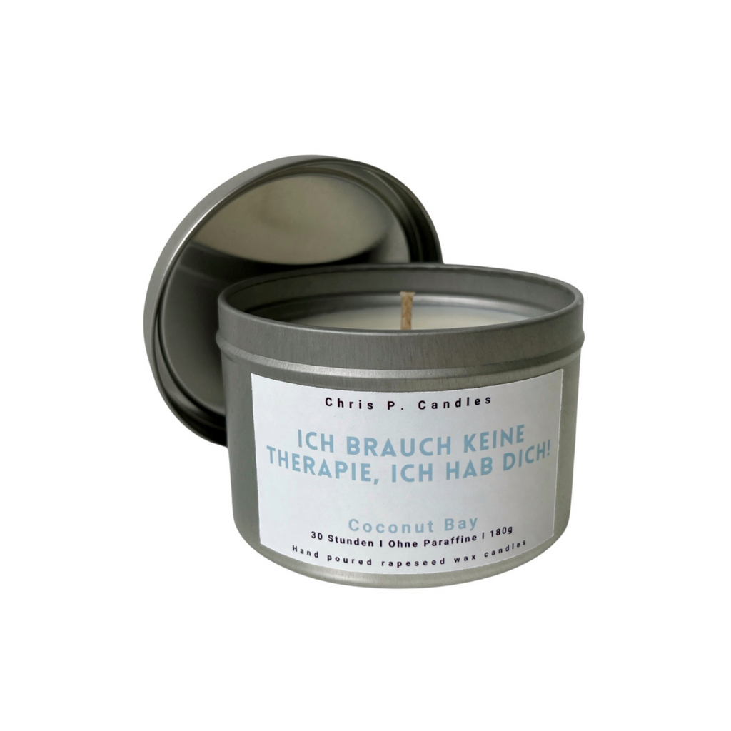 Tropische Kokos Duftkerze mit Spruch „Ich brauch keine Therapie, ich hab dich!“ als Geschenkidee zum Geburtstag oder für die beste Freundin.