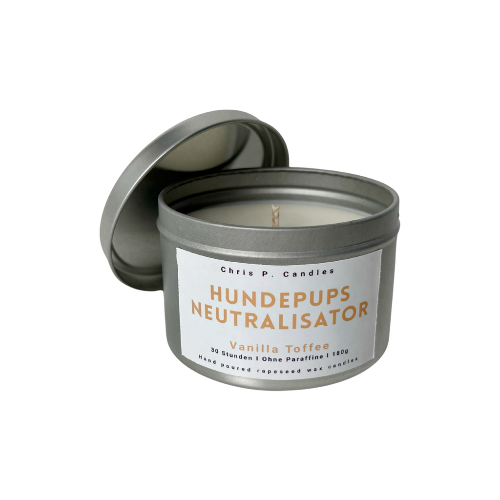 Vanilla Toffee Duftkerze Hundepups Neutralisator – süße Kerze mit Spruch, Geschenkidee für Hundebesitzer, handgegossen in Berlin.